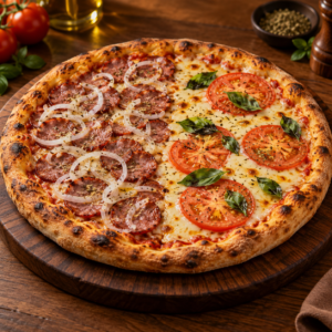 Pizza personalizada com sabores calabresa e mussarela